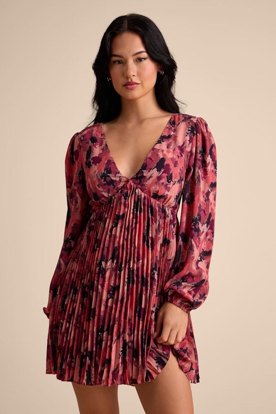 NWT Lulus Lowri Pink Multi Abstract Long Sleeve Babydoll Mini Dress Cruise Sz S